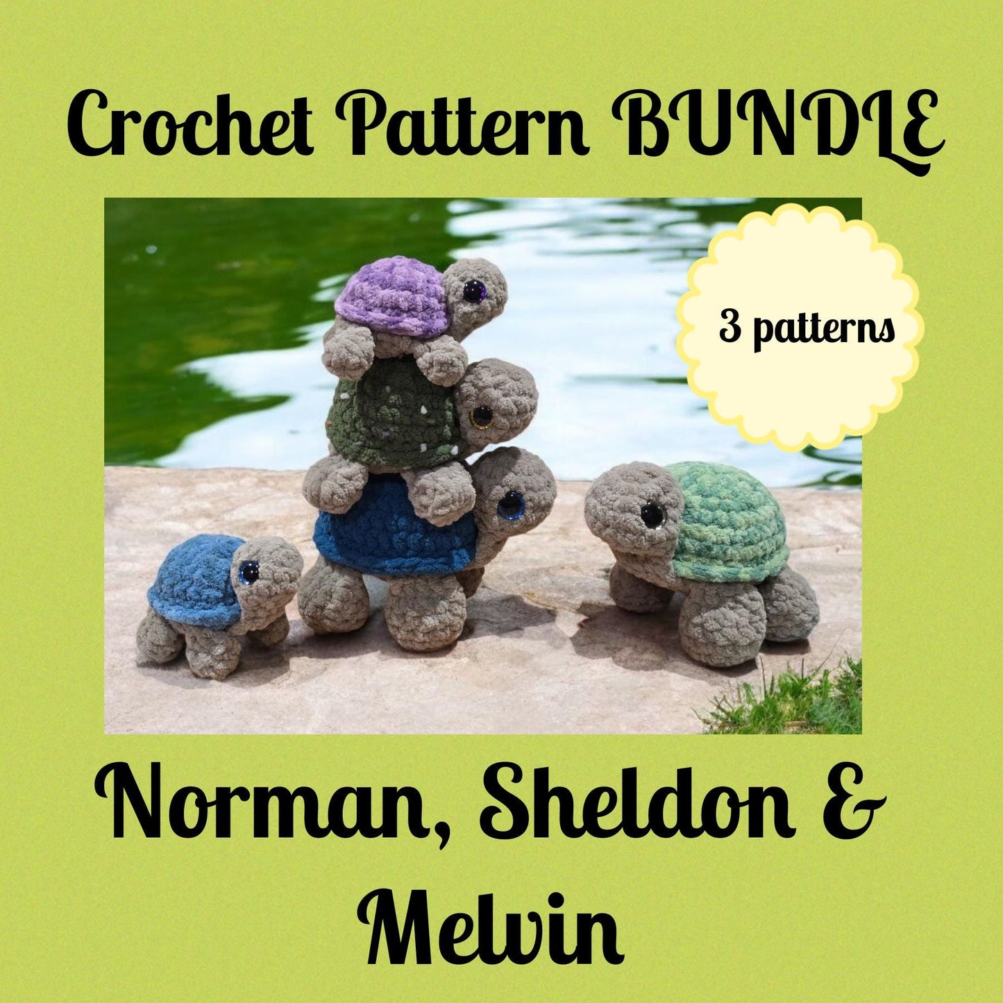 Crochet Pattern BUNDLE, Turtle Trio, Norman, Sheldon and Melvin Turtle Patterns, NO SEW