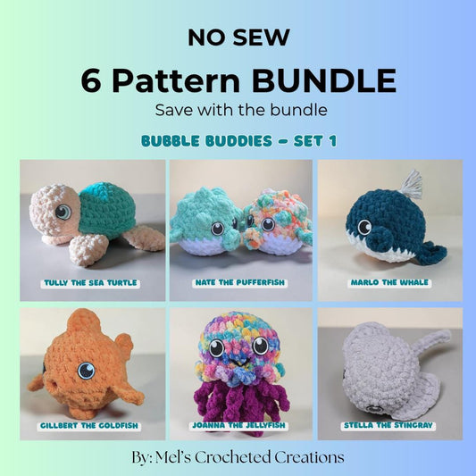 Ocean Crochet Pattern Bundle | No Sew Amigurumi Set 1 | Sea Turtle, Pufferfish, Whale, Goldfish, Jellyfish, Stingray | Bubble Buddies