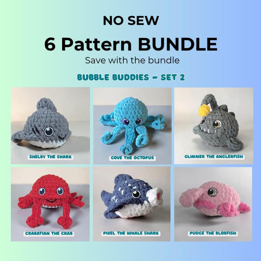 Sea Creature Crochet Pattern Bundle | No Sew Amigurumi Set 2 | Shark, Octopus, Anglerfish, Crab, Whale Shark, Blobfish | Bubble Buddies
